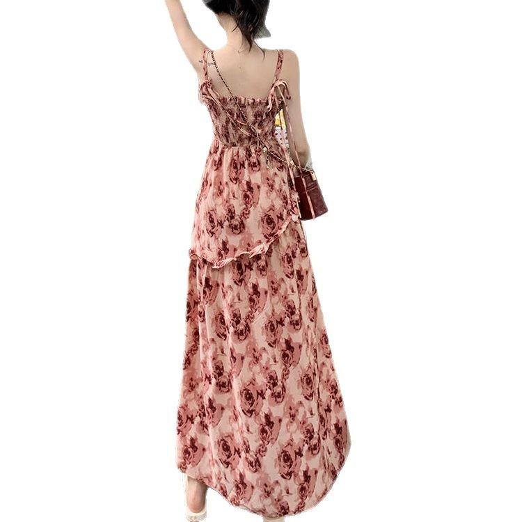 Japanese Rose Retro Floral Suspender Skirt New Temperament Waist Dress Summer French Hepburn Style Long Dress