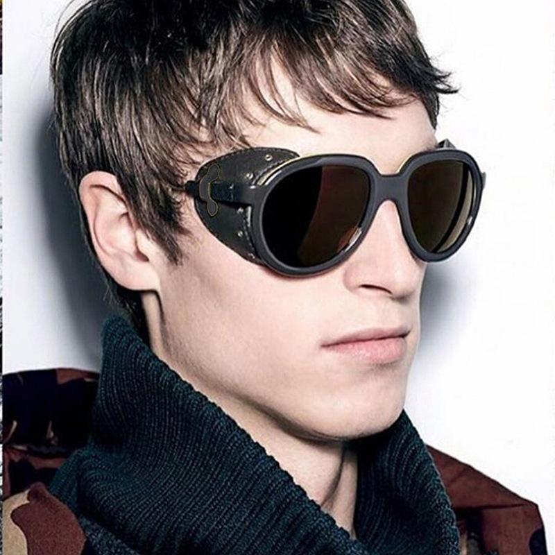Oversized Men Sunglasses For Women Luxury Brand Design Round Steampunk Leather Eyeglasses Vintage Uv400