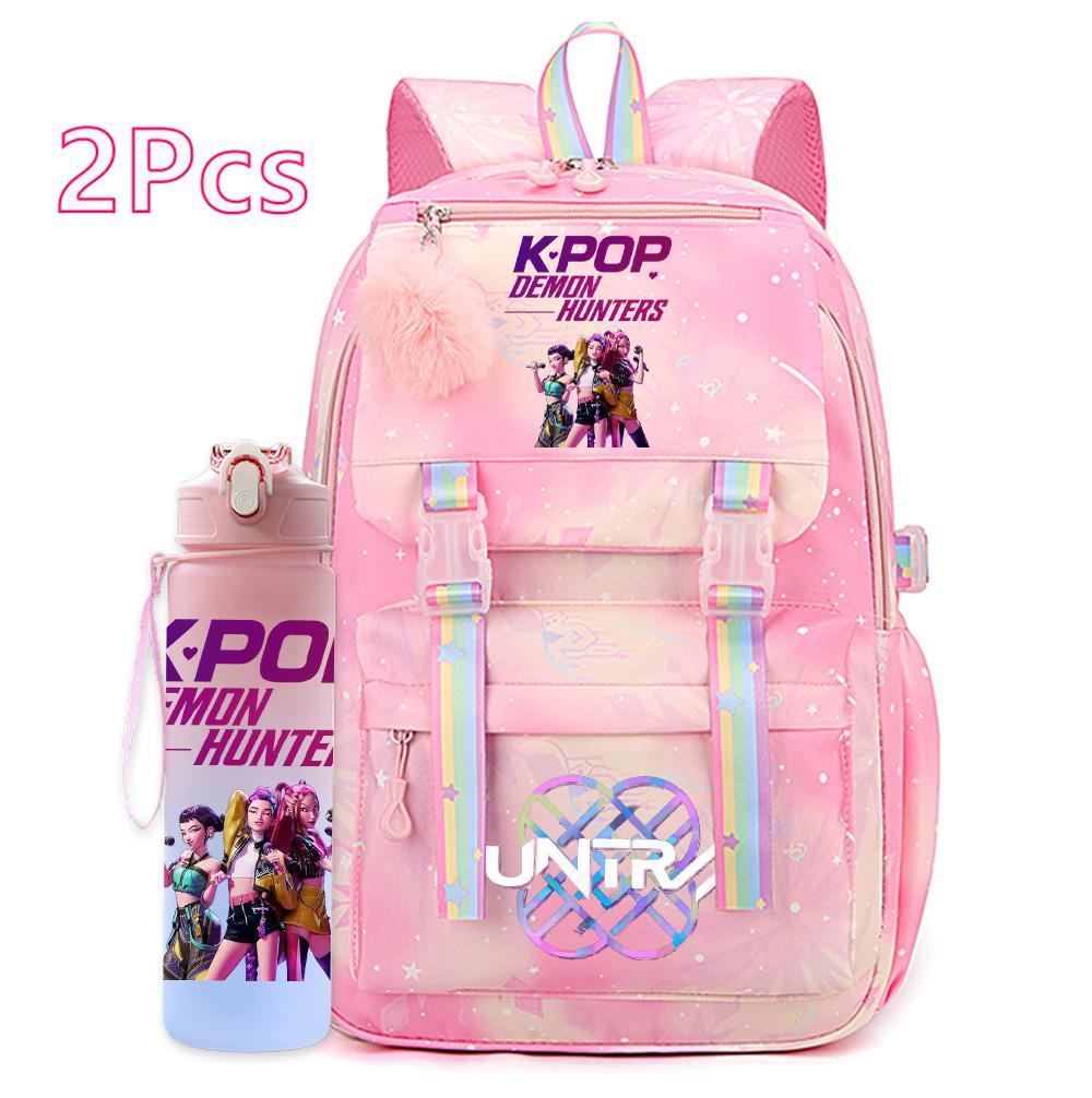 2Pcs/set Anime Cartoon Kpop Printed Backpack with 750Ml Water Bottler Large Capacity Travel Bag for Teenager Girl Boy Bookbag Kid Gift Rucksak
