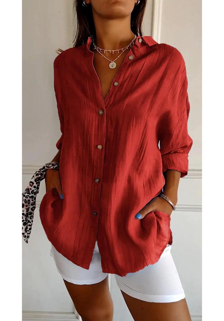 2024 Women's Solid Color Pleated Lapel Shirt - European & American Style, Single-Breasted Roll-Up Sleeve Top