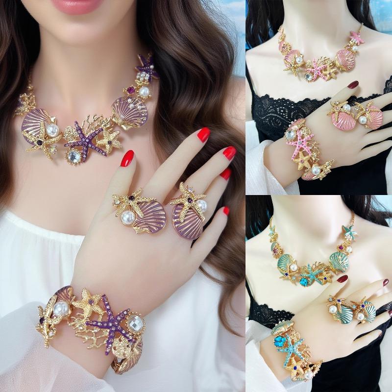 Island style beach starfish vacation four-piece set chain alloy diamond-encrusted bohemian shell jewelry