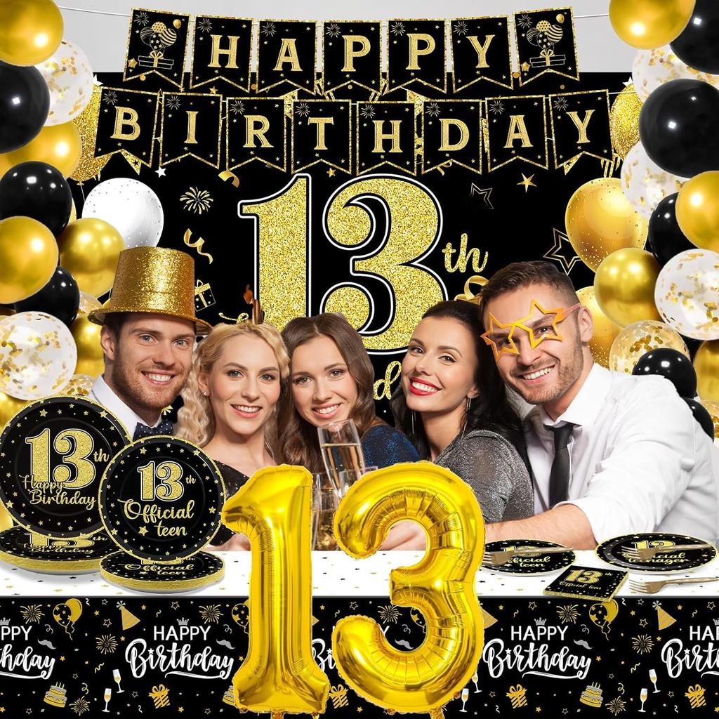 145 Pcs 13th Birthday Party Supplies Set for 24 Guests Official Teenager 13th Party Decorations Kit Plates Backdrop Tablecloth Balloons Banner for