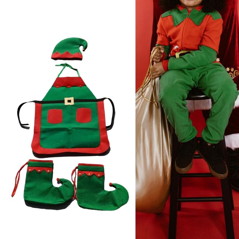 Christmas Elf Apron Christmas Apron Shoes and Hat Set Kitchen Apron Christmas Costume Accessories for Adults Costume