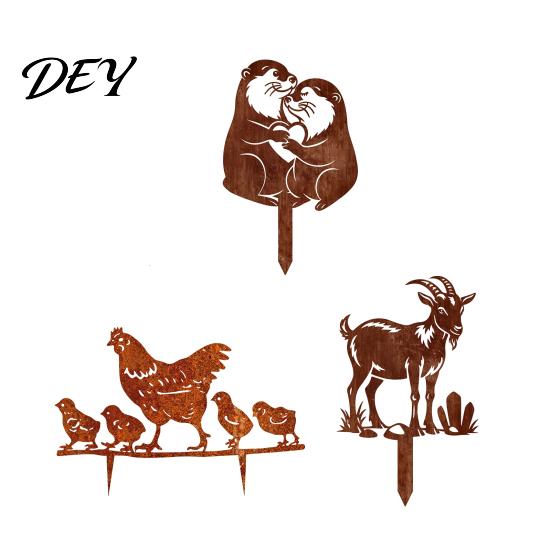Metal Animal Silhouettes Rusty Garden Stakes, Hen/Chicken/Goat/Deer Yard Art Silhouette Decor for Backyard Vegetable Lawn Patio Flower Bed,