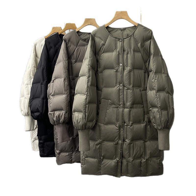 Womens Oversized Mid-Length Down Jacket Loose Fit White Duck Puffer Coat With Zippered Pockets