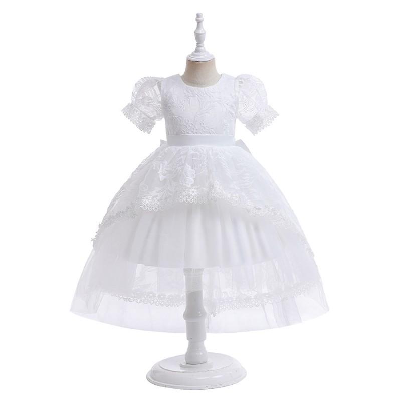 Girls Party Dress Puff Sleeve Embroidered Tulle Gown Kids Formal Occasion 4-7 Olds