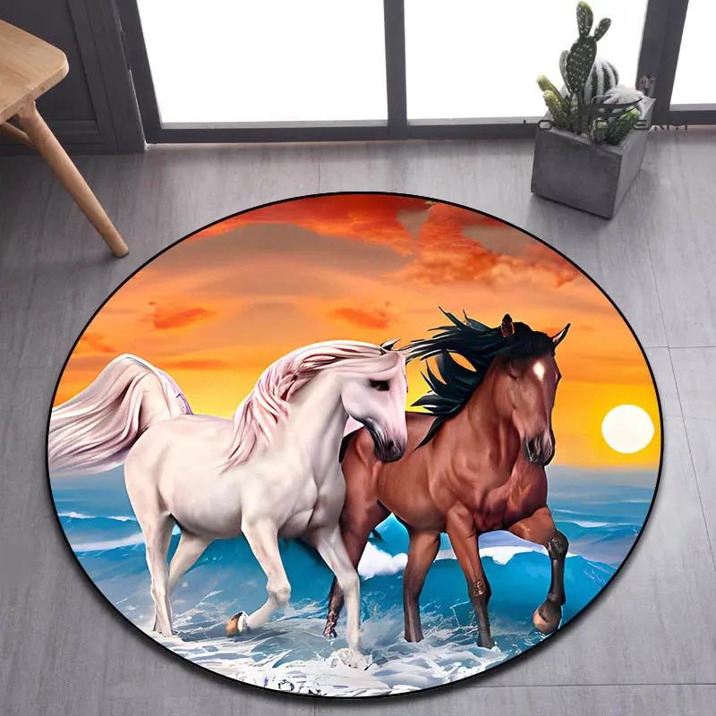3D Running Horses Round Carpet Non-slip Mat Luxury Wild Horse Area Rug for Game Room Bedroom Decoration