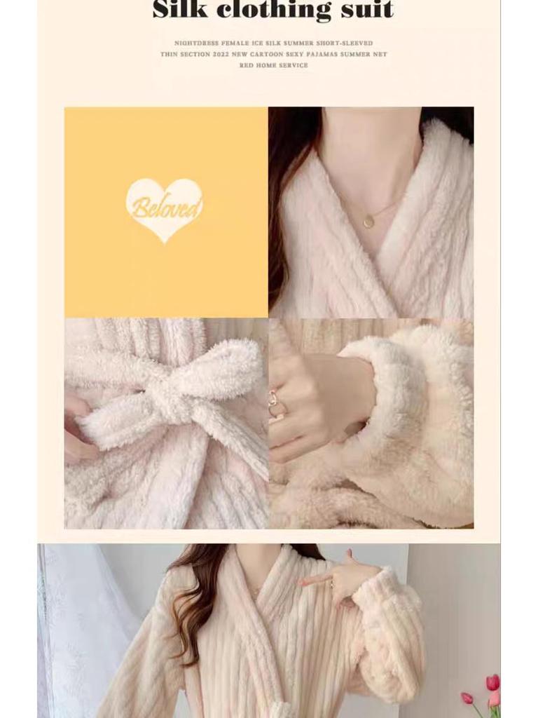 Women's 2025 Autumn/Winter Plush Pajama Set: Vertical Stripe Robe & Lined Nightgown