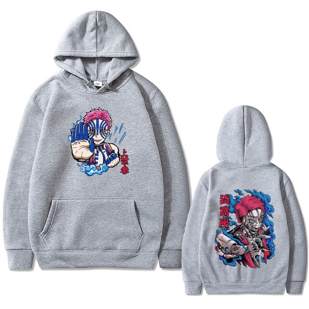 Anime Demon Slayer Akaza Double Sided Print Hoodie Men Women Clothing Cartoon Oversized Pullover Fleece Sweatshirt