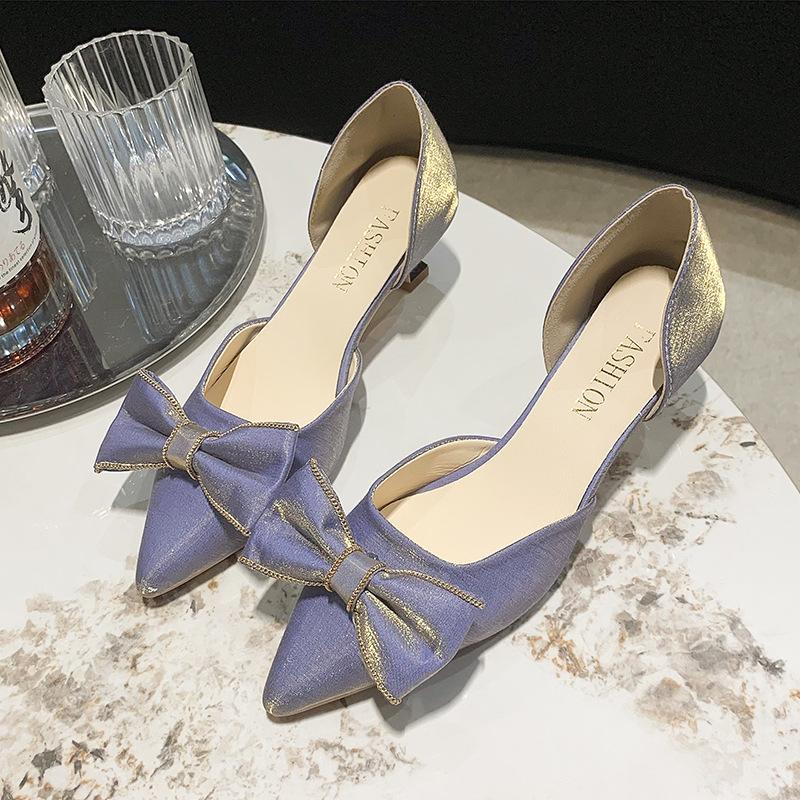 Bow High Heels Women's New Pointed Middle Heel Girl Style Hollow Stiletto Shoes