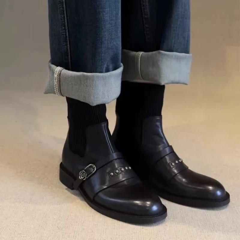 New Style Women's Designer Brand Cowhide Elastic Socks Boots Women's Sleeved High-heeled Chunky Skinny Ankle Boots for Women