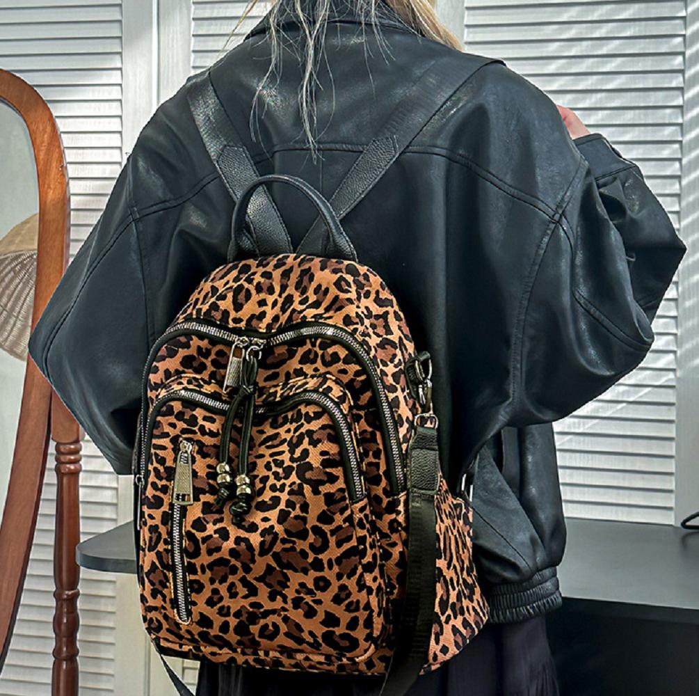 2025 New Fashion Leopard Soft Leather Travel Backpacks Women's Large Capacity Shoulder Bags Totes School Bag Crossbody Bagpack