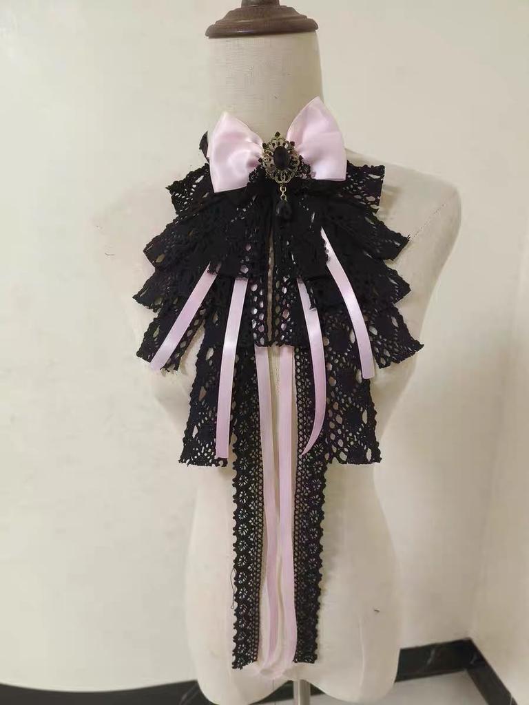 Cosplay-Kragen für Damen abnehmbar Gefälschte Kragen Original Lolita Schwarze Spitze Schleife Gotisch Hof Elegant Halsbinden für Herren Krawatte