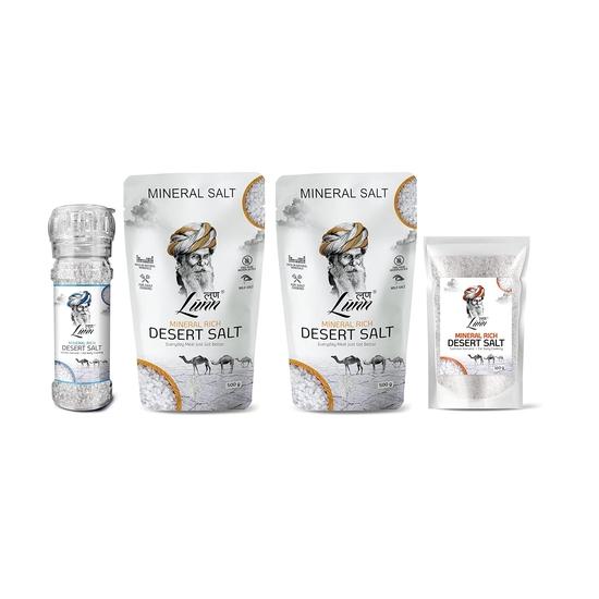 LUNN Mineral rich Thar desert salt Combo of 2 (500 Gm Each) with Summer Harvest Thar Desert Salt ( pouch)| (100 Gm Each)|Pack of 4