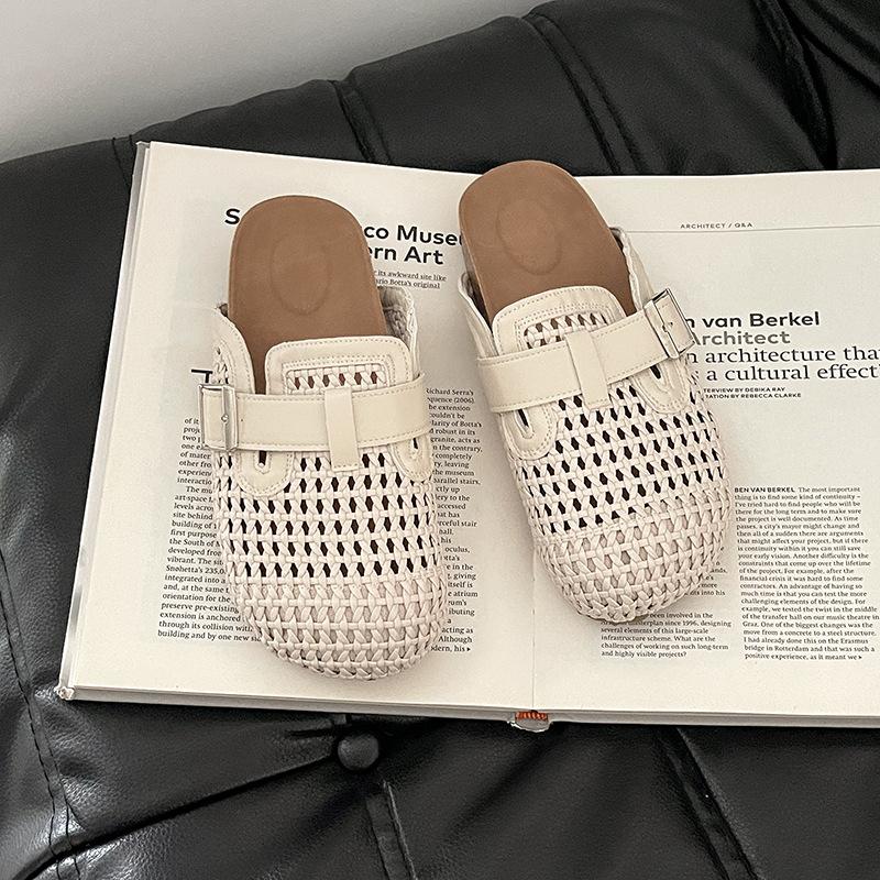 Fashion Hollow Woven Breathable Bag Head Half Slippers Ladies Summer Retro Internet Celebrity Lazy Casual Cool Slippers Boken Shoes