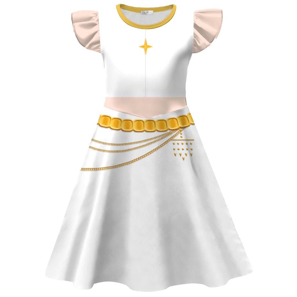 Hexe Jagd Mädchengruppe Kinder Cosplay Flatterärmel Milchseide Kleid mit Tasche