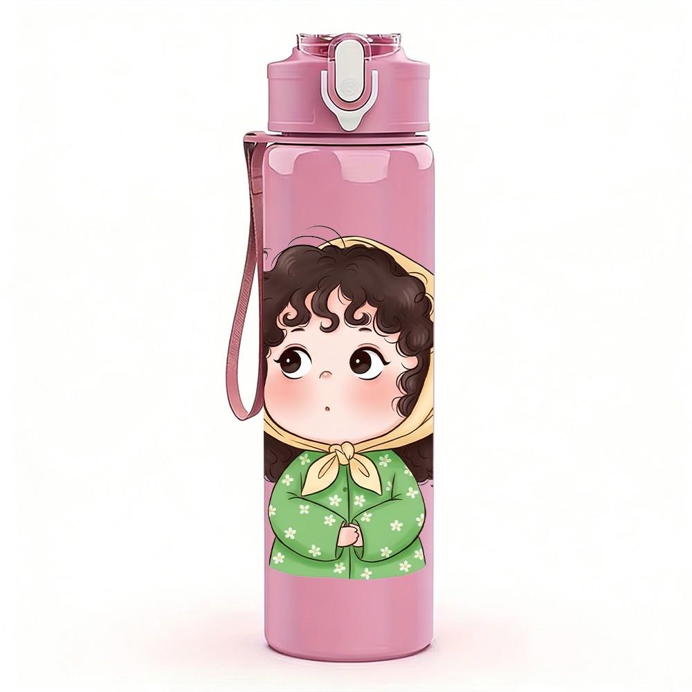 1PC Little Girl Dark Hood Cartoon Print 750ml Color Plastic Sports Water Bottle Leakproof Flip Straw Lid Suitable for Sports Office Home Use