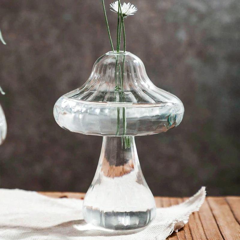 1pc Glass Flower Vase, Cute Clear Mushroom Design Vase For Home Decor