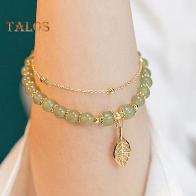 Women Bracelet Rhinestone Leaf Pendant Double-layered Adjustable Length Faux Jade Smooth Contrast Color Luxury Good Luck Bangle