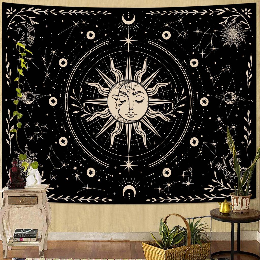 Boho Sun and Moon Tapestry, Colorful Celestial Starry Sky Mandala Print Wall Hanging for Bedroom Living Room Dorm Decor