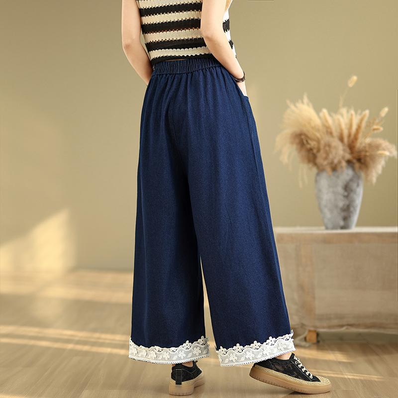 DIMANAF 2025 Summer Jeans Women Elastic Basic Long Pants Lace Denim Loose Wide Leg Pants Casual Blue Plus Size Pants