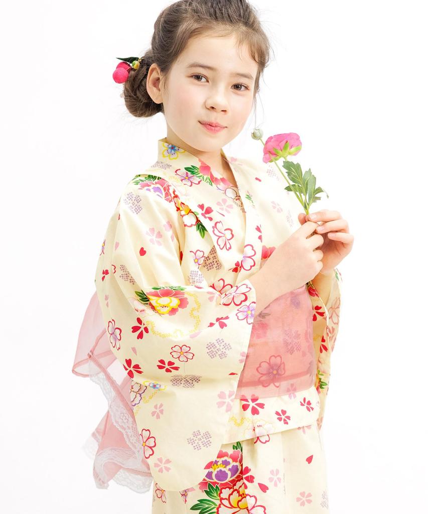 Bee Yukata Set for Fireworks Say00004 Ivory X Cherry Blossom [Bee] 3-piece Girls, Kids, Summer, Striped, Lattice, Goldfish, Ruched, Easy, Festival,