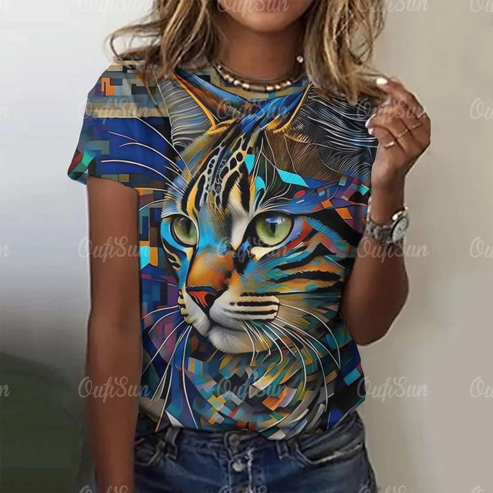 Summer Round Neck 3D Cat Printed Top Fashionable Casual Short Sleeved Women's T-shirts