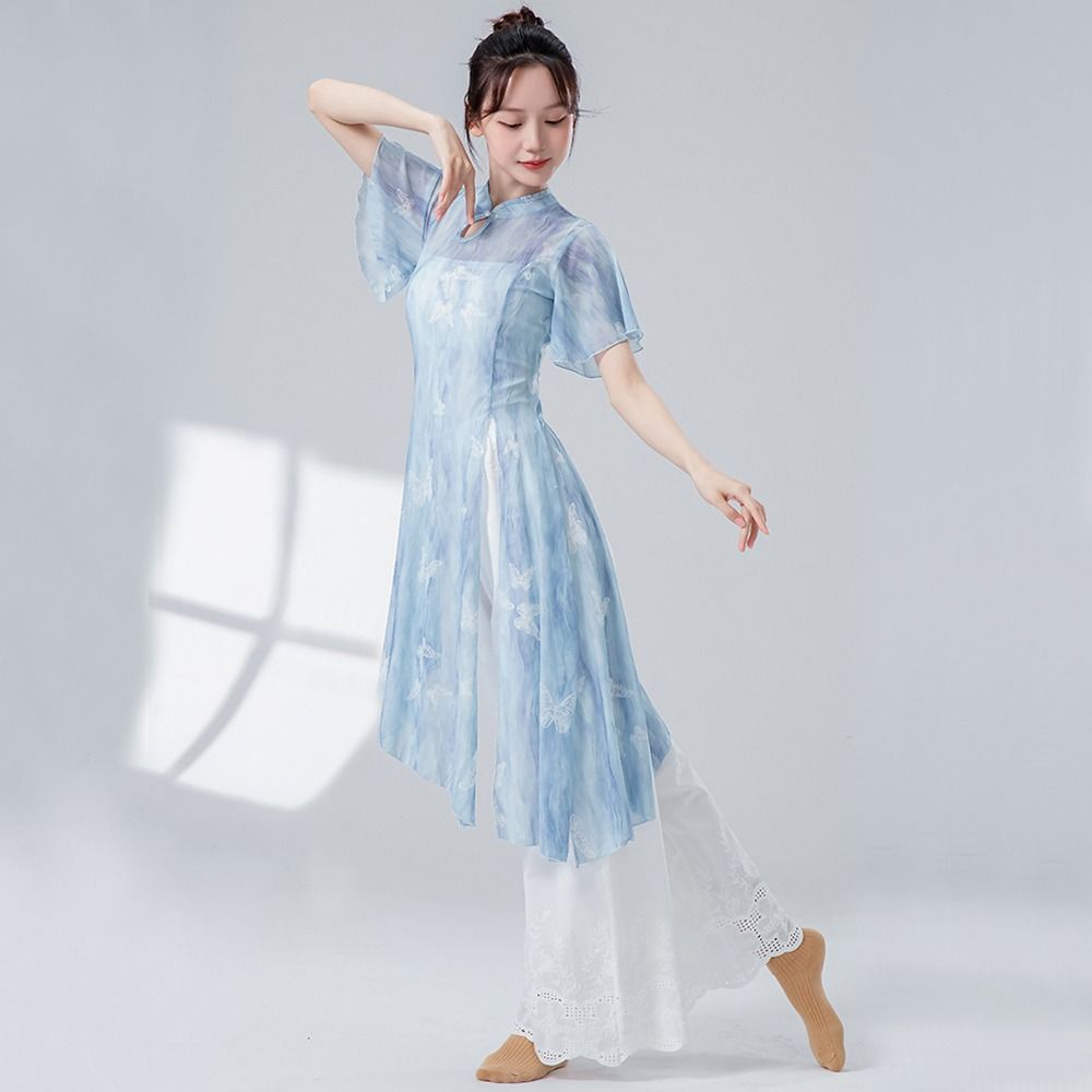 Butterfly Classical Dance Top Cheongsam Neck Dance Mesh Top Fashion Gauze Mesh Shirt  Women