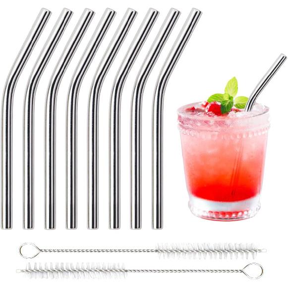 8 Pack 6 Inch Short Bent Metal Cocktails Straws, Reble Stainless Steel Smoothie Drinking Straws with Cleaning Brush for Coffee Mugs, Small Glasses or