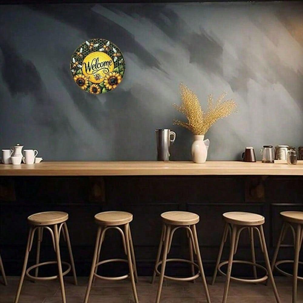 Vintage Bee Welcome Wreath Metal Wall Sign 8x8 Inch Rustic Aluminum Decor Outdoor Plaque For Front Door Porch Home