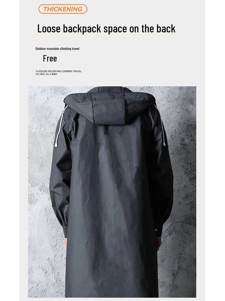 Black Adult Trench Coat-Style Windproof Hooded Rain Poncho, Extra Long & Thick, In Stock