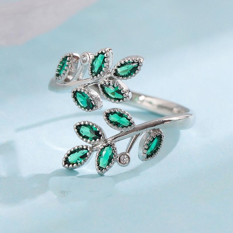 925 Sterling Silver Rings For Women Geometric Fine Jewelry Finger Adjustable Simple Blue Stone Leaf Ring For Party Birthday Gift
