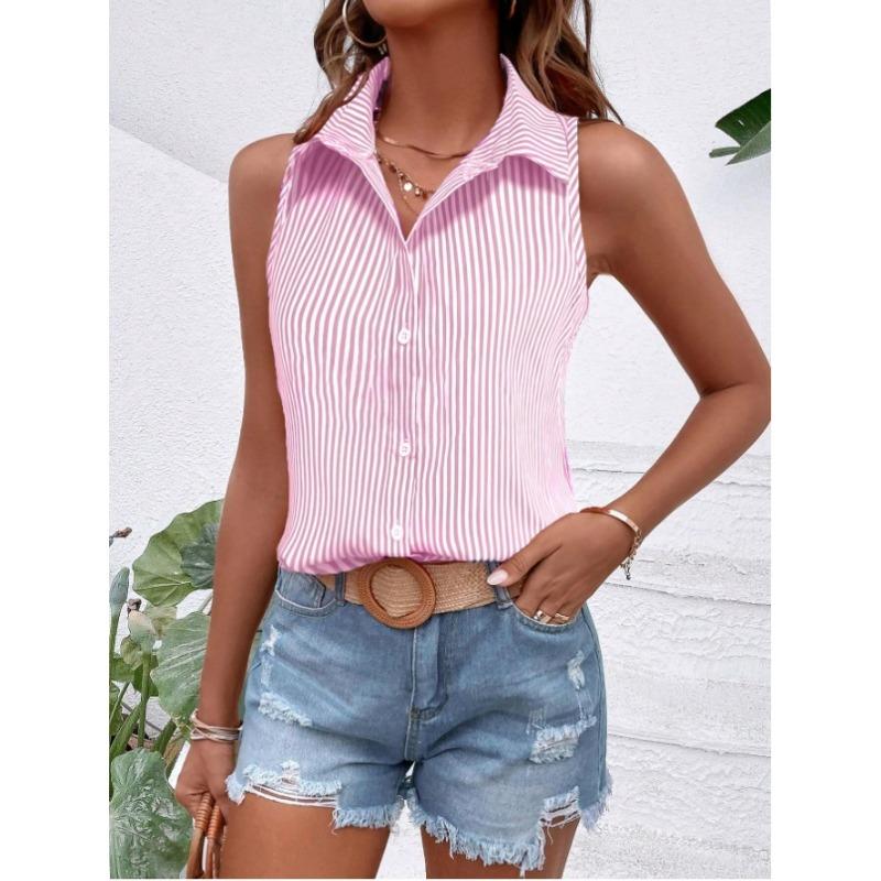 Camisa de Mujer de Verano sin Mangas Holgada a Rayas Elegante Blusa de Oficina Moda Casual Sencilla Dulces Tops Cuello Solapa Ajustado Ropa Streetwear