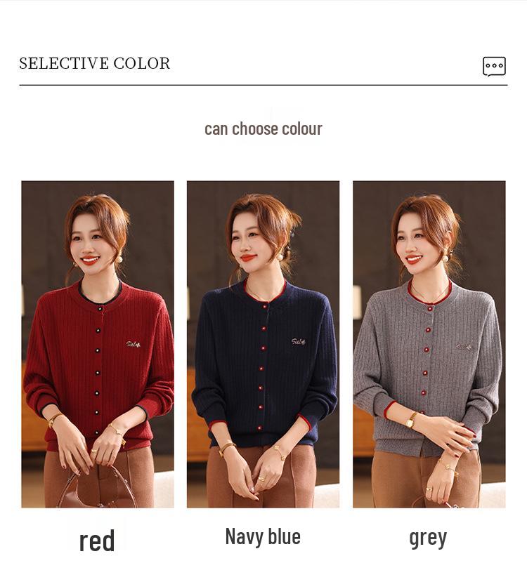 Elegant Spring Knit Cardigan for Moms: Women's Versatile Wool Sweater, Perfect for Middle-Aged & Elderly, Loose Fit for Autumn/Winter.