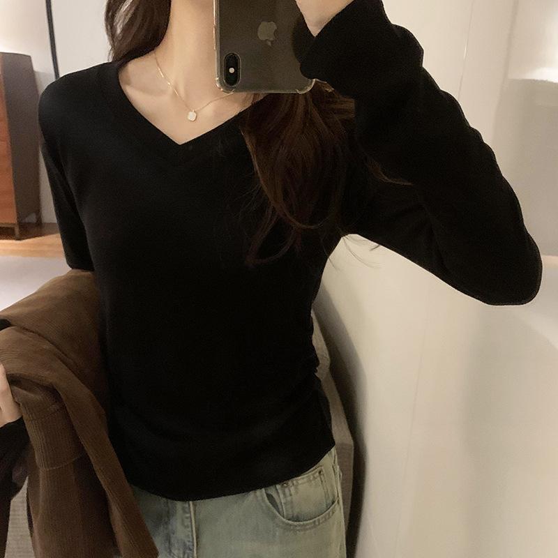 Simple Pullover V-neck Solid Color Long-sleeved Versatile Top for Women Autumn and Winter New Pleated Chic T-shirt Bottoming Shirt Trendy