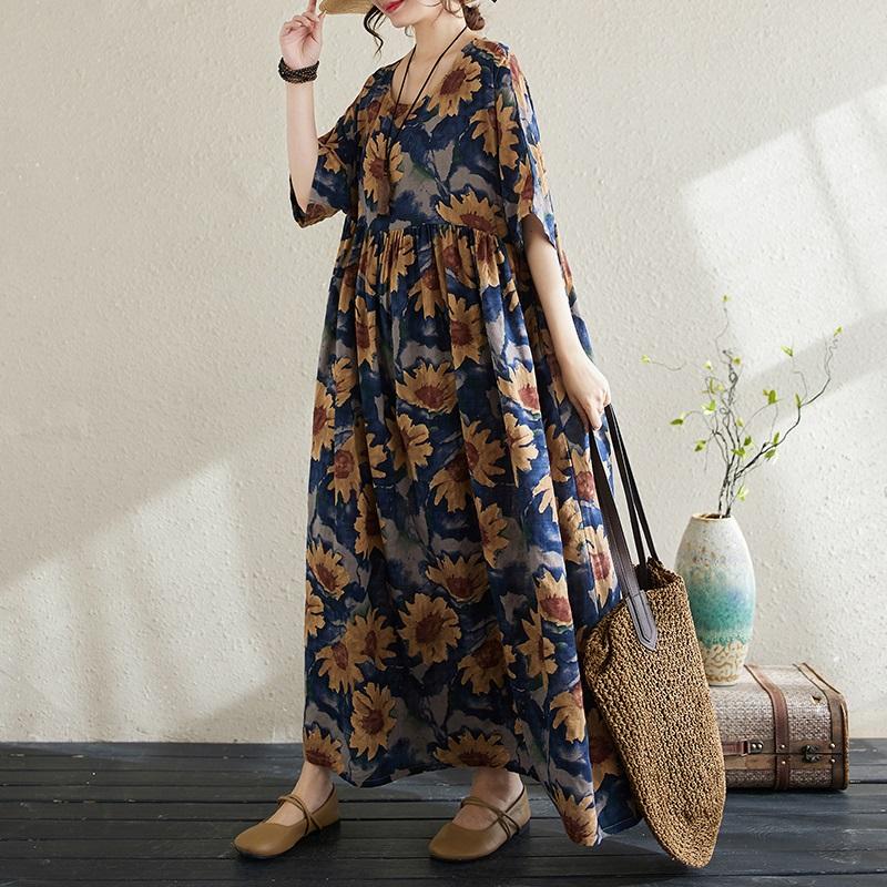 Short Sleeve Plus Size Cotton Vintage Floral New In Dresses for Women Casual Loose Long Summer Dress