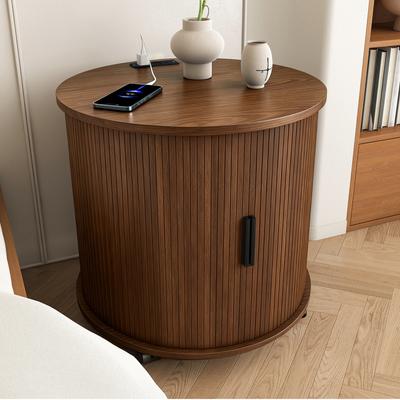 Mid-Century Cylindrical Nightstand with Charging Station (Outlet + 2 USB), Sliding Door & Storage - Walnut Look, Dimensions: W60/H60/D60 Cm