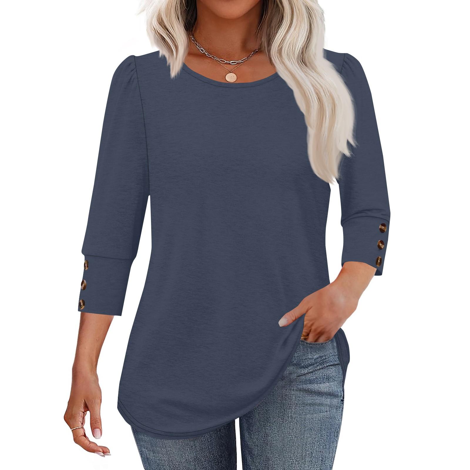 

Женская модная повседневная однотонная футболка с круглым вырезом и рукавами три четверти XXL тёмно-синий