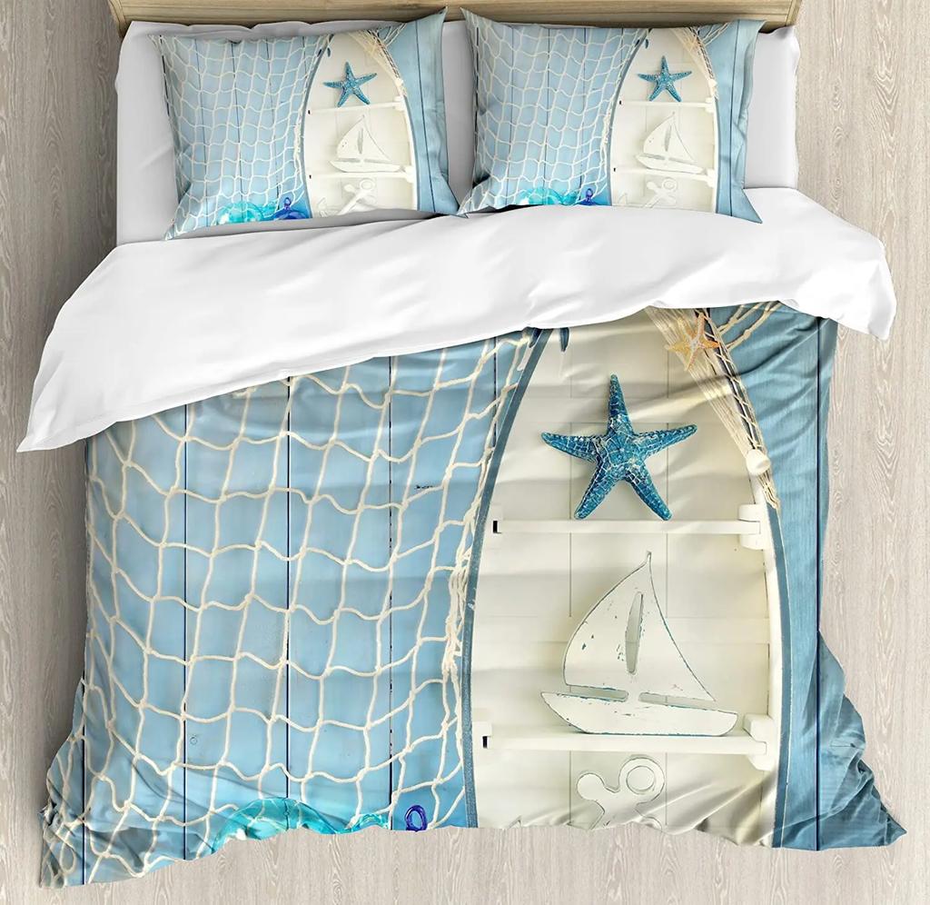 Nautical Anchor Ship Lighthouse Whale Art 3dílná sada povlečení pro manželskou postel Domácí textil Povlak na přikrývku Povlak na polštář Povlak na polštář