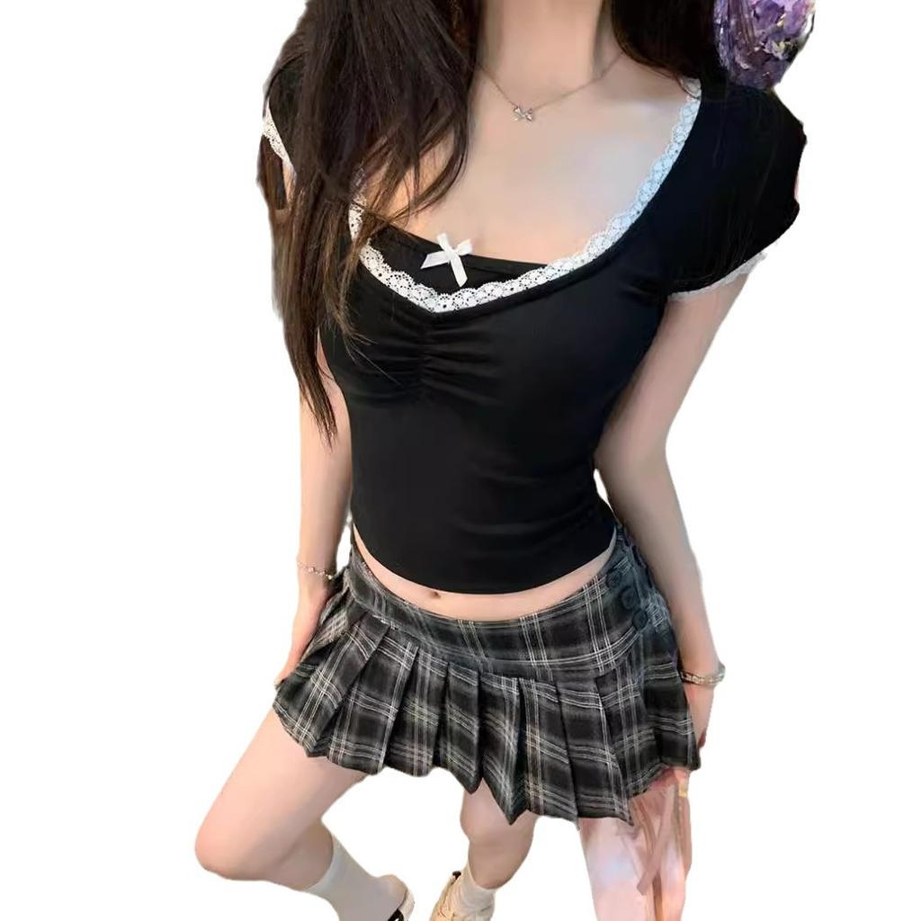 Sweet and Spicy Fake Two-piece Bow Lace Short-sleeved T-shirt Women's Slim and Thin Short Inner Top Trendy