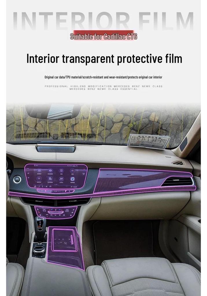 New Cadillac CT6 Interior TPU Protective Film: Center Console, Gear Shift, and Navigation.