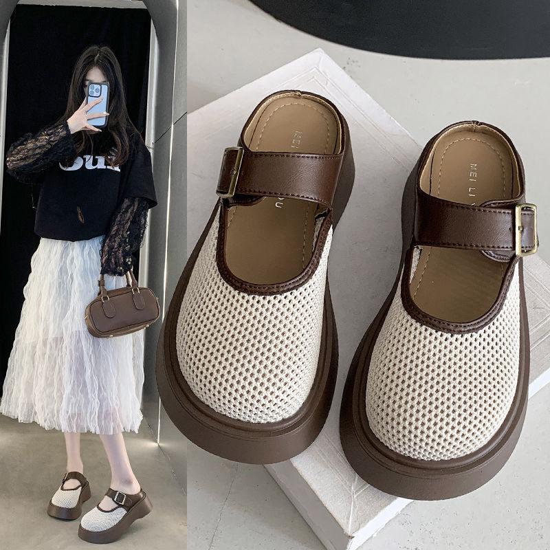 Hollow Mesh Half Slippers Women's Outer Wear 2025 New Summer Fashion Mary Jane Single Shoes Platform Muffin Hole Shoes
