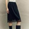 Women’s Black Lace Midi Skirt – Elastic Waist, Elegant Fall Skirt with Hollow Lace Patchwork Hem