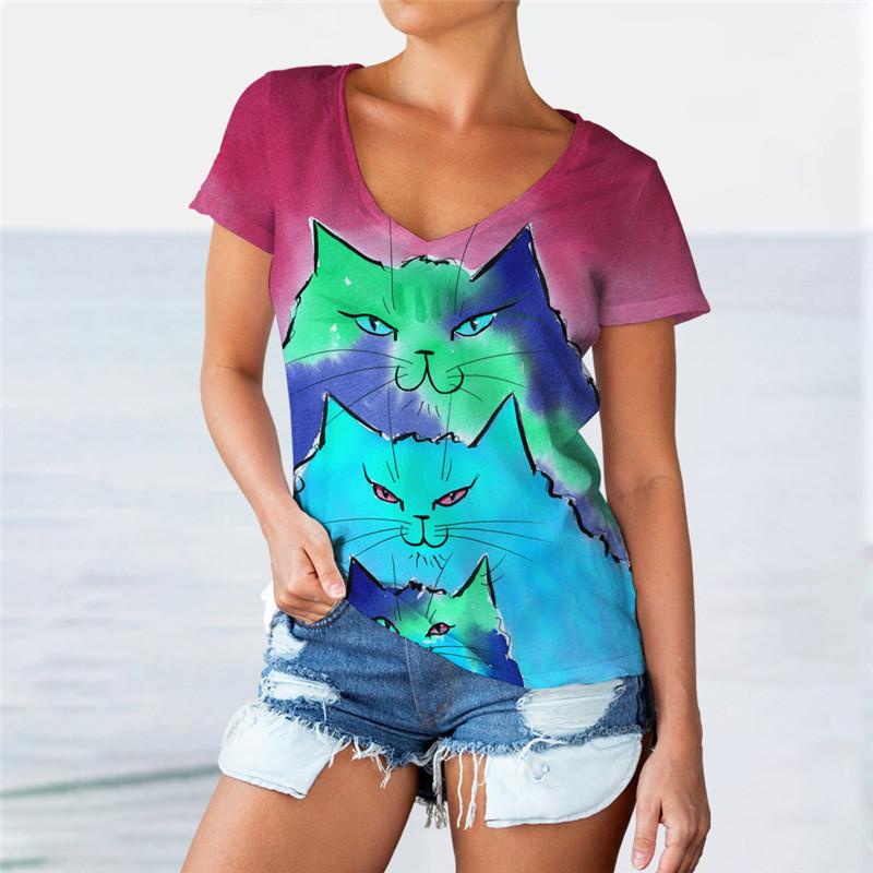 Handbemalte Cartoon Katze Damen Niedliche T-Shirts Kurzarm 3D Gedruckt Street Style Damen Tees Locker Lässig V-Ausschnitt Tops Übergroß