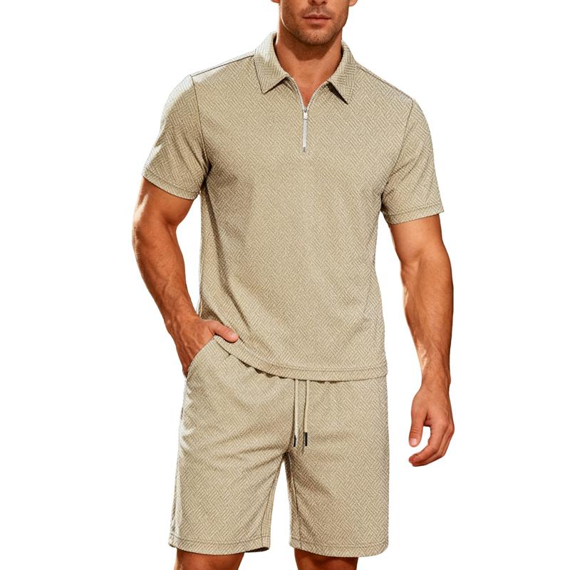 Summer Men Jacquard Textured Matching Set Half Zip Collar Polo Short Sleeve Top Drawstring Waist Shorts Golf Beach Two Piece Tracksuit