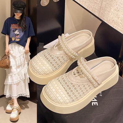 New Mesh Outer Wear Shoes Summer One Pedal Lazy Sandals Mary Jane Shoes Women's Bag Head Half Slippers 2025 Thick Sole
