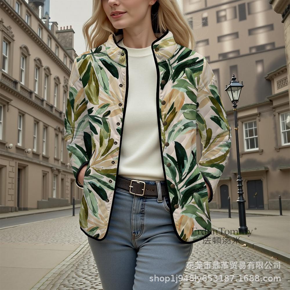 Women's Tropical Leaf Print Quilted Jacket Stand Collar Button Down Contrast Trim Casual Coat