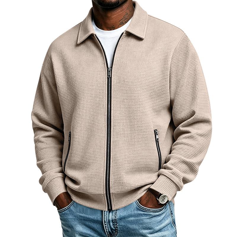 Men's Waffle Knit Full Zip Jacket Lapel Collar Long Sleeve Casual Lightweight Coat with Zipper Pockets for Spring and Fall Daily Wear