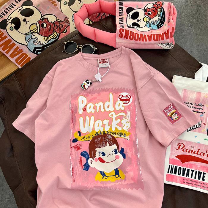 

Taiwan Plus Size Cartoon Print Loose Cotton Women s T-shirt with Back Wrap Collar XL