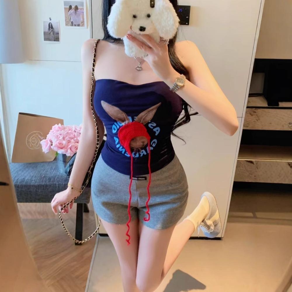 Sleeveless Bandeau Top for Women with Built - In Bra Featuring Little Red Riding Hood Rabbit and Letter Prints. Slim - Fitting Spicy Girl Inner